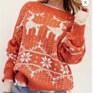 NWT Easel Orange and White Reindeer Sweater